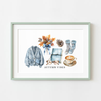 Autumn Vibes, blue cardi jumper acorns pumpkins coffee cosy Autumn landscape unframed wall art poster print, autumn home decor autumn decor
