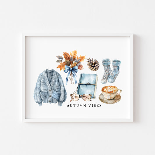 Autumn Vibes, blue cardi jumper acorns pumpkins coffee cosy Autumn landscape unframed wall art poster print, autumn home decor autumn decor