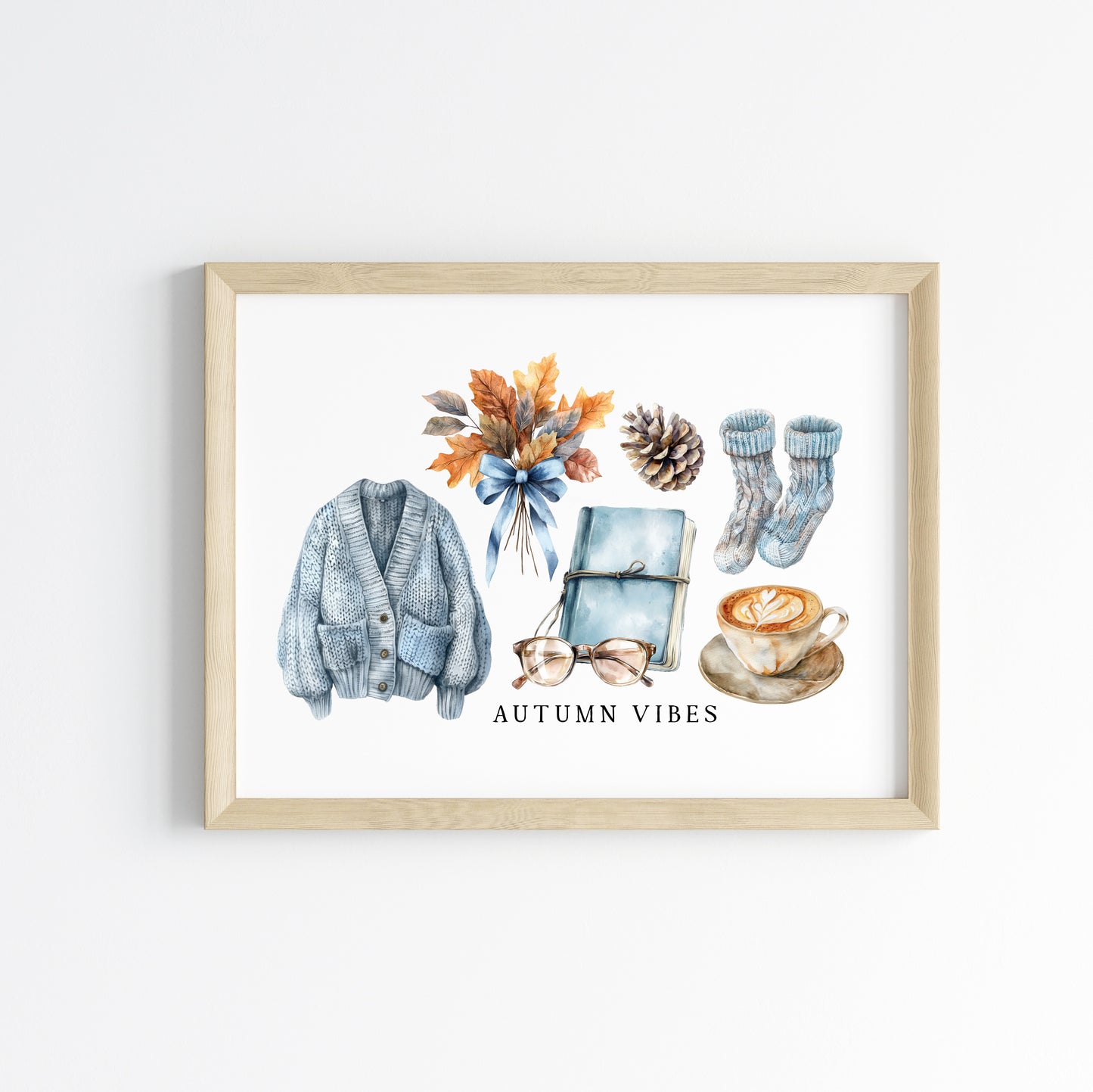 Autumn Vibes, blue cardi jumper acorns pumpkins coffee cosy Autumn landscape unframed wall art poster print, autumn home decor autumn decor