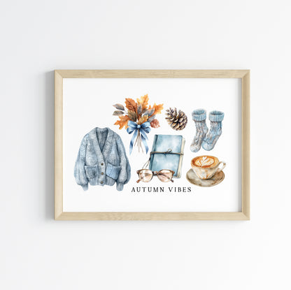 Autumn Vibes, blue cardi jumper acorns pumpkins coffee cosy Autumn landscape unframed wall art poster print, autumn home decor autumn decor