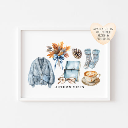 Autumn Vibes, blue cardi jumper acorns pumpkins coffee cosy Autumn landscape unframed wall art poster print, autumn home decor autumn decor