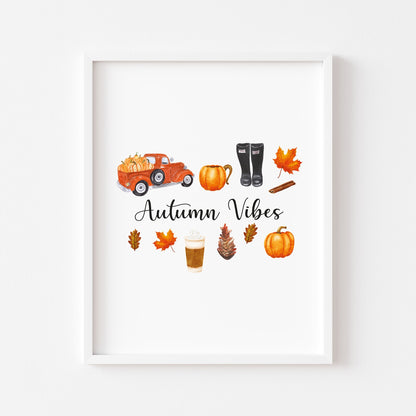 Autumn Print, Autumn Vibes, autumn favourites watercolour illustration unframed wall art poster print