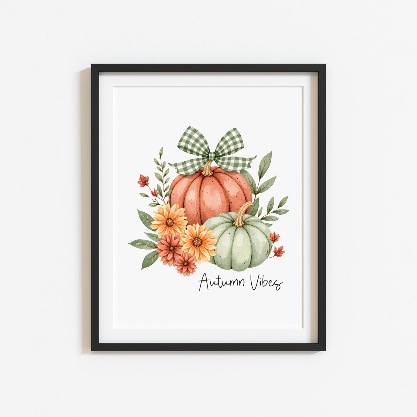 Autumn vibes Print orange and green chequered bow pumpkins unframed wall art poster print