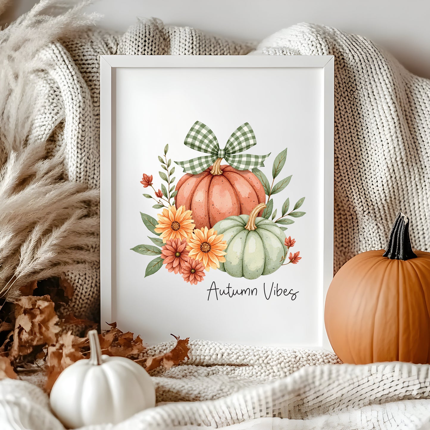 Autumn vibes Print orange and green chequered bow pumpkins unframed wall art poster print