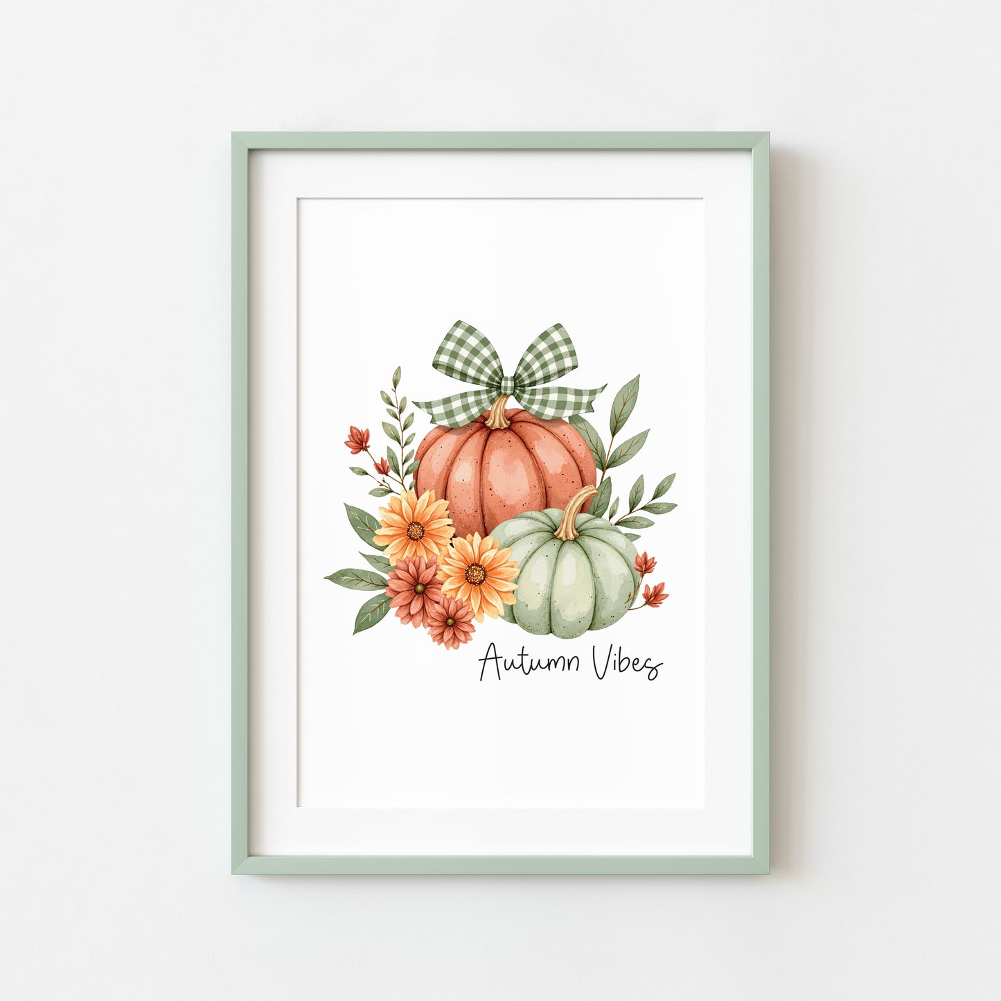 Autumn vibes Print orange and green chequered bow pumpkins unframed wall art poster print