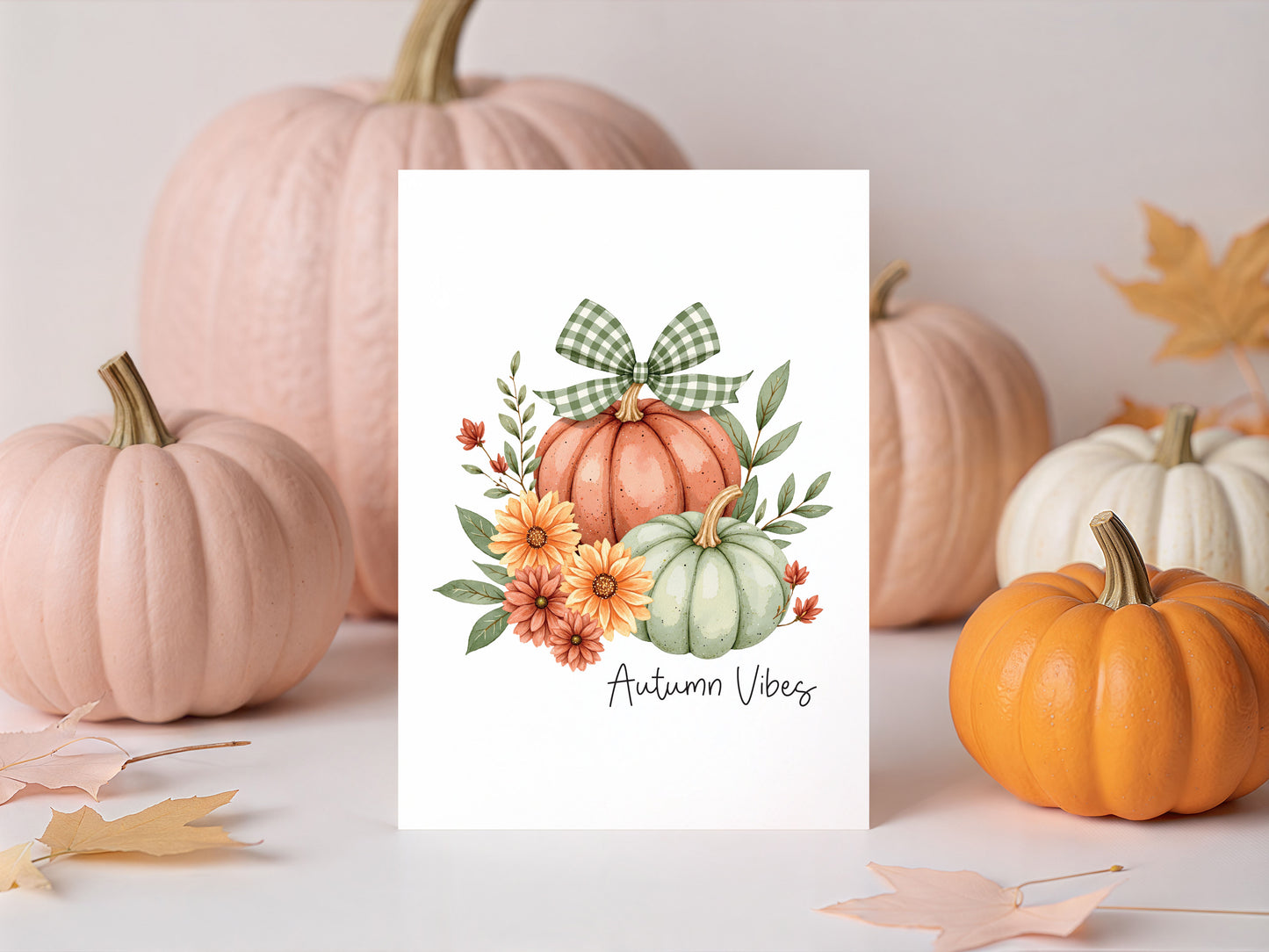 Autumn vibes Print orange and green chequered bow pumpkins unframed wall art poster print