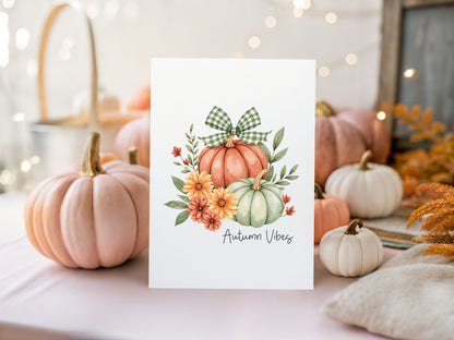 Autumn vibes Print orange and green chequered bow pumpkins unframed wall art poster print