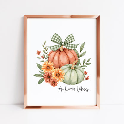Autumn vibes Print orange and green chequered bow pumpkins unframed wall art poster print