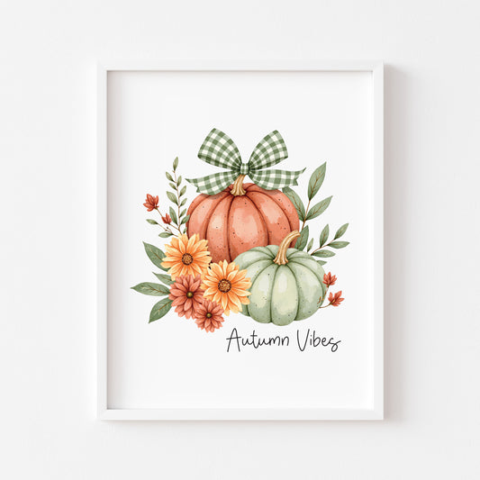 Autumn vibes Print orange and green chequered bow pumpkins unframed wall art poster print