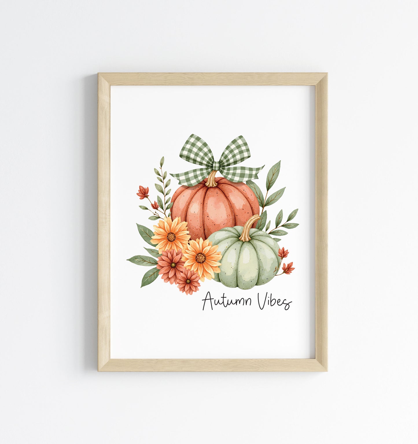 Autumn vibes Print orange and green chequered bow pumpkins unframed wall art poster print