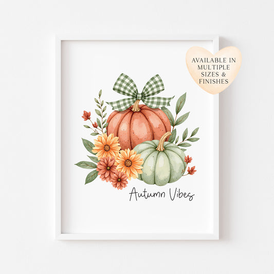 Autumn vibes Print orange and green chequered bow pumpkins unframed wall art poster print