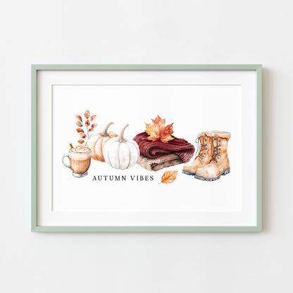 Autumn Vibes, fall leaves cosy jumper pumpkin spice coffee landscape unframed wall art poster print, autumn home decor autumn decor