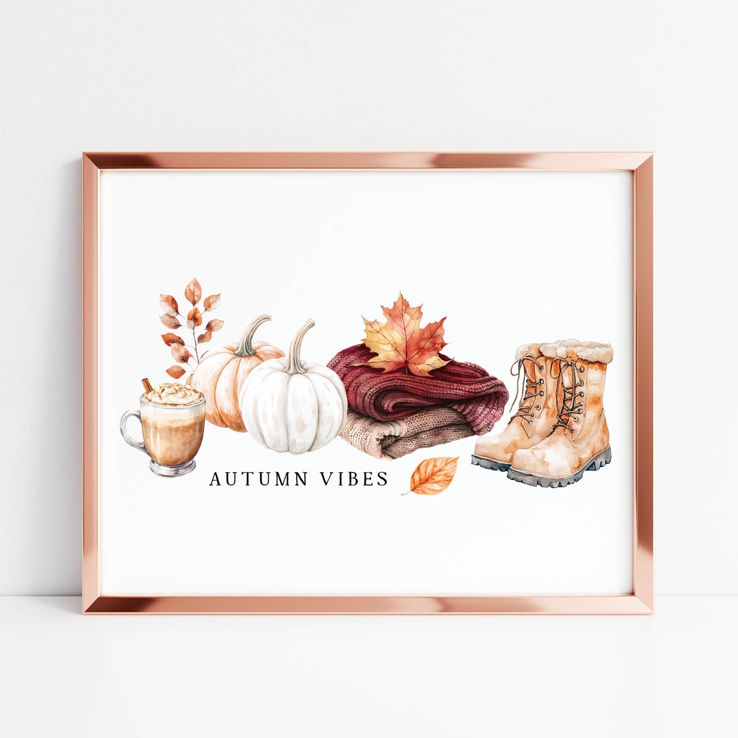 Autumn Vibes, fall leaves cosy jumper pumpkin spice coffee landscape unframed wall art poster print, autumn home decor autumn decor