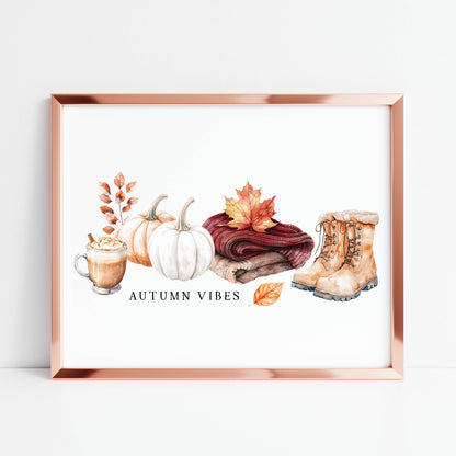 Autumn Vibes, fall leaves cosy jumper pumpkin spice coffee landscape unframed wall art poster print, autumn home decor autumn decor