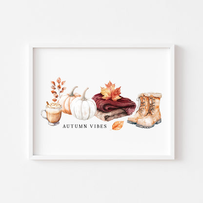 Autumn Vibes, fall leaves cosy jumper pumpkin spice coffee landscape unframed wall art poster print, autumn home decor autumn decor