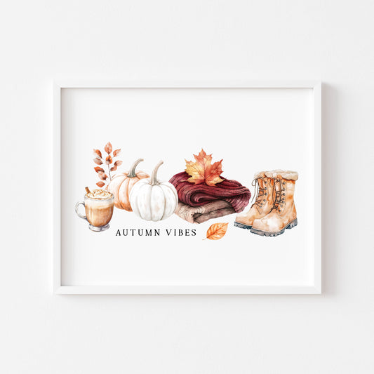 Autumn Vibes, fall leaves cosy jumper pumpkin spice coffee landscape unframed wall art poster print, autumn home decor autumn decor