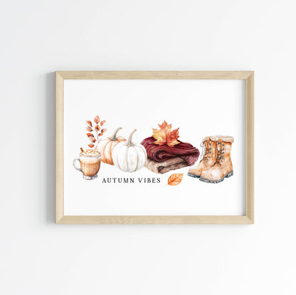 Autumn Vibes, fall leaves cosy jumper pumpkin spice coffee landscape unframed wall art poster print, autumn home decor autumn decor