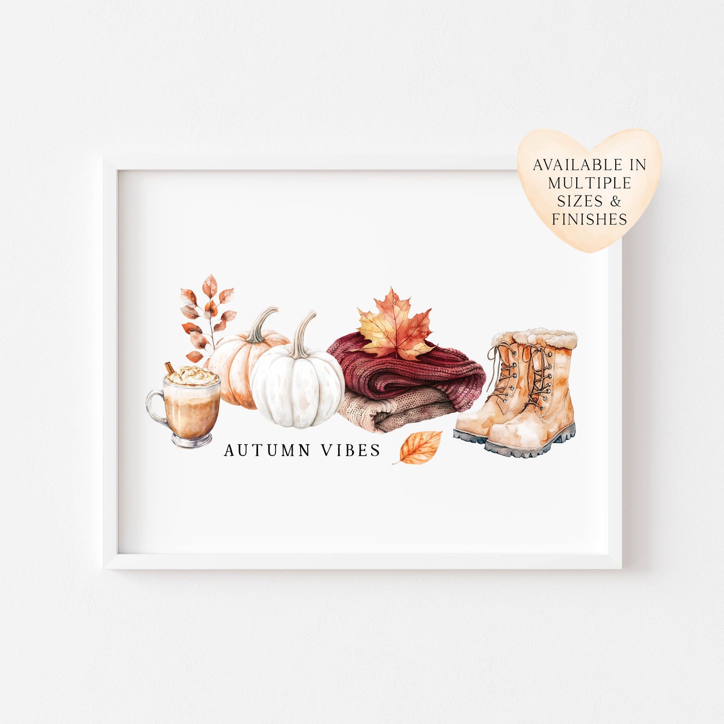 Autumn Vibes, fall leaves cosy jumper pumpkin spice coffee landscape unframed wall art poster print, autumn home decor autumn decor