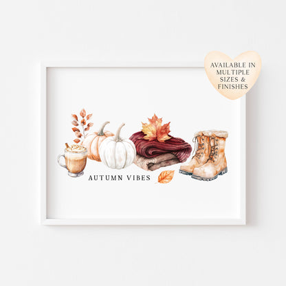 Autumn Vibes, fall leaves cosy jumper pumpkin spice coffee landscape unframed wall art poster print, autumn home decor autumn decor