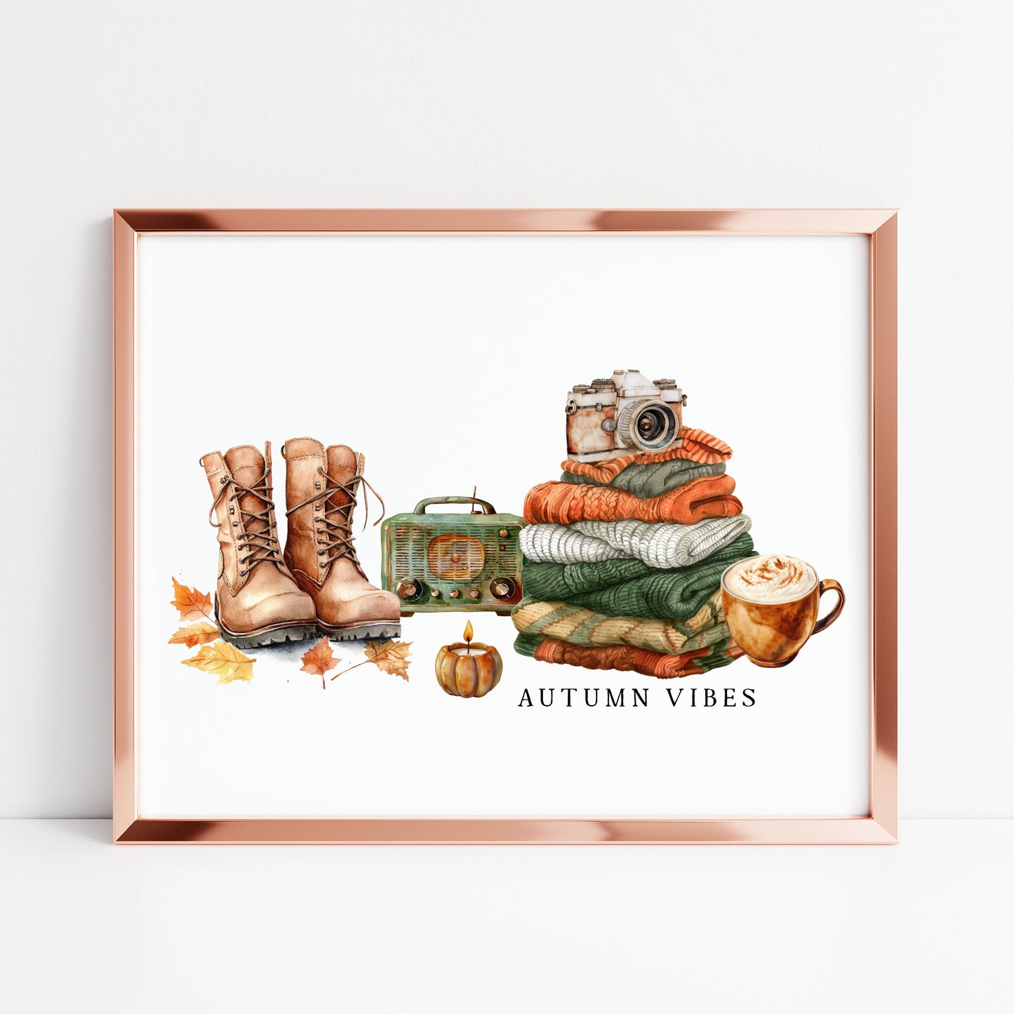 Autumn Vibes, jumper stack orange green pumpkins coffee cosy Autumn landscape unframed wall art poster print, autumn home decor autumn decor