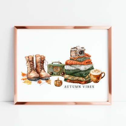 Autumn Vibes, jumper stack orange green pumpkins coffee cosy Autumn landscape unframed wall art poster print, autumn home decor autumn decor