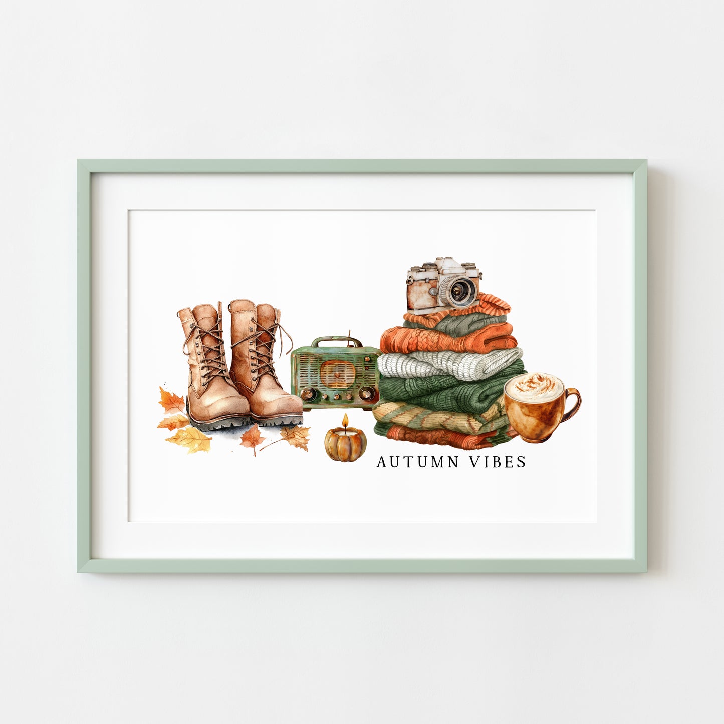 Autumn Vibes, jumper stack orange green pumpkins coffee cosy Autumn landscape unframed wall art poster print, autumn home decor autumn decor