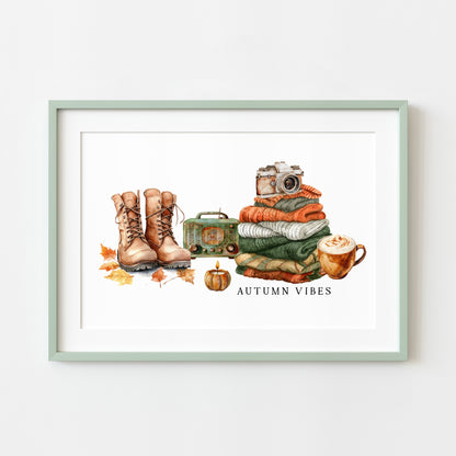Autumn Vibes, jumper stack orange green pumpkins coffee cosy Autumn landscape unframed wall art poster print, autumn home decor autumn decor