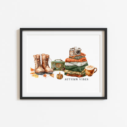 Autumn Vibes, jumper stack orange green pumpkins coffee cosy Autumn landscape unframed wall art poster print, autumn home decor autumn decor