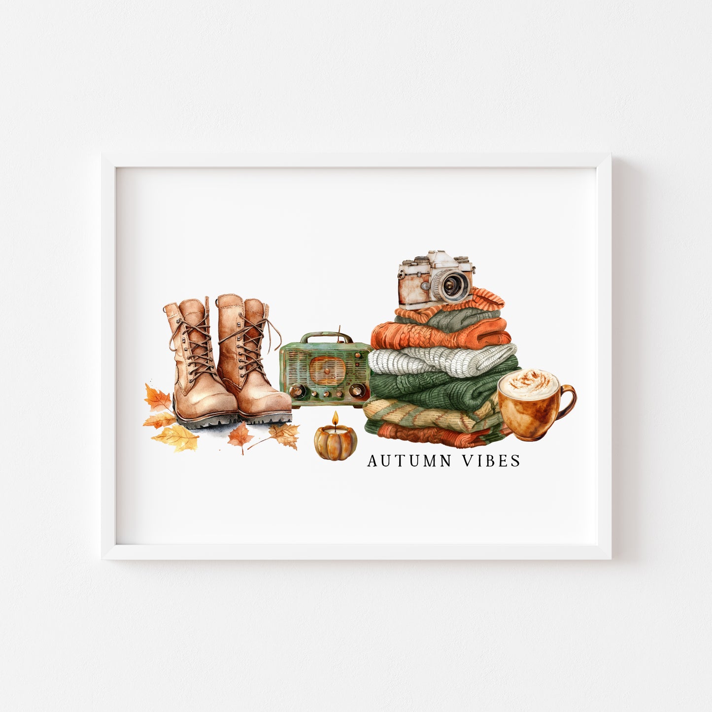 Autumn Vibes, jumper stack orange green pumpkins coffee cosy Autumn landscape unframed wall art poster print, autumn home decor autumn decor