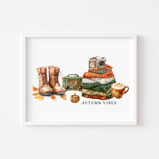 Autumn Vibes, jumper stack orange green pumpkins coffee cosy Autumn landscape unframed wall art poster print, autumn home decor autumn decor