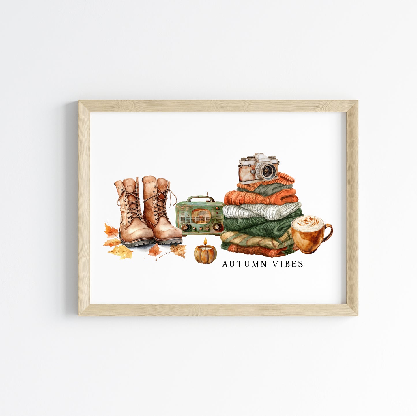 Autumn Vibes, jumper stack orange green pumpkins coffee cosy Autumn landscape unframed wall art poster print, autumn home decor autumn decor