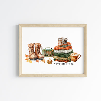 Autumn Vibes, jumper stack orange green pumpkins coffee cosy Autumn landscape unframed wall art poster print, autumn home decor autumn decor