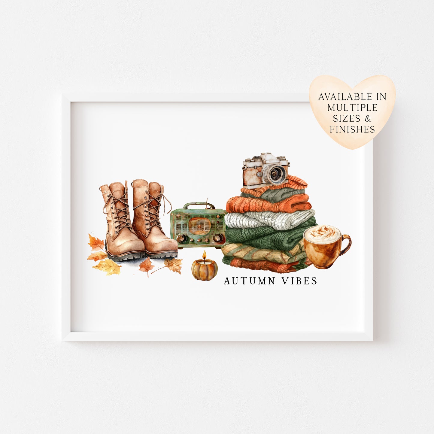 Autumn Vibes, jumper stack orange green pumpkins coffee cosy Autumn landscape unframed wall art poster print, autumn home decor autumn decor