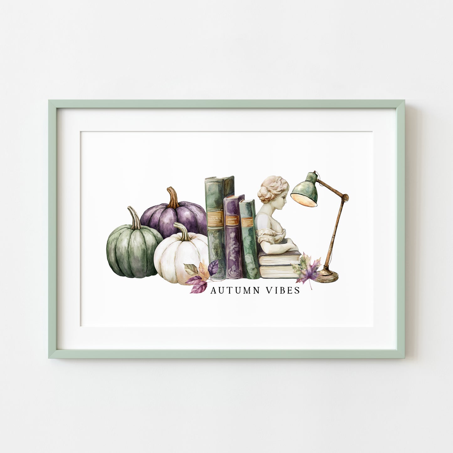 Autumn Vibes, fall leaves books green purple pumpkin cosy Autumn landscape unframed wall art poster print, autumn home decor autumn decor