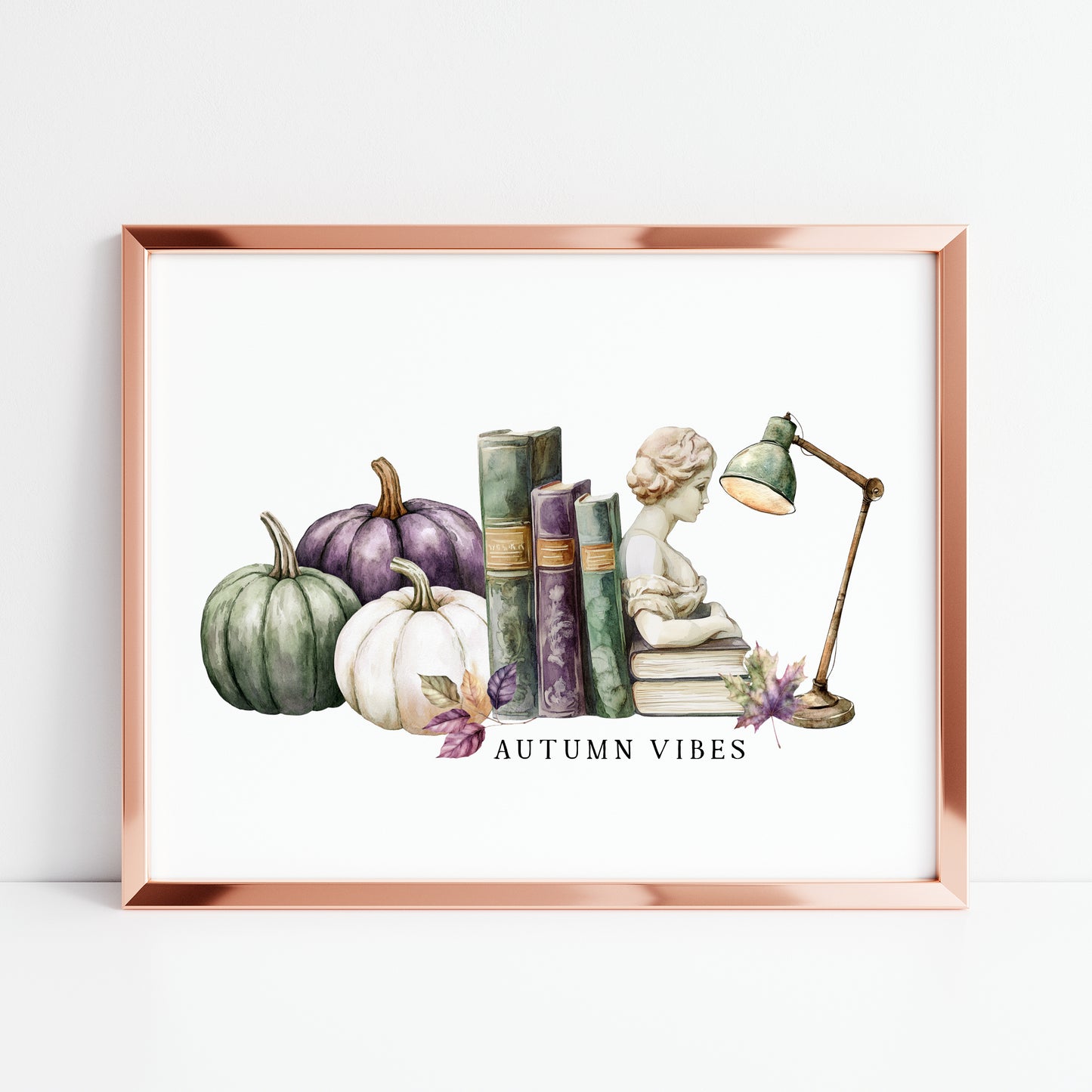 Autumn Vibes, fall leaves books green purple pumpkin cosy Autumn landscape unframed wall art poster print, autumn home decor autumn decor