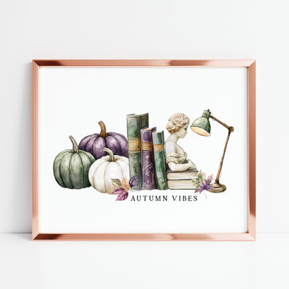 Autumn Vibes, fall leaves books green purple pumpkin cosy Autumn landscape unframed wall art poster print, autumn home decor autumn decor