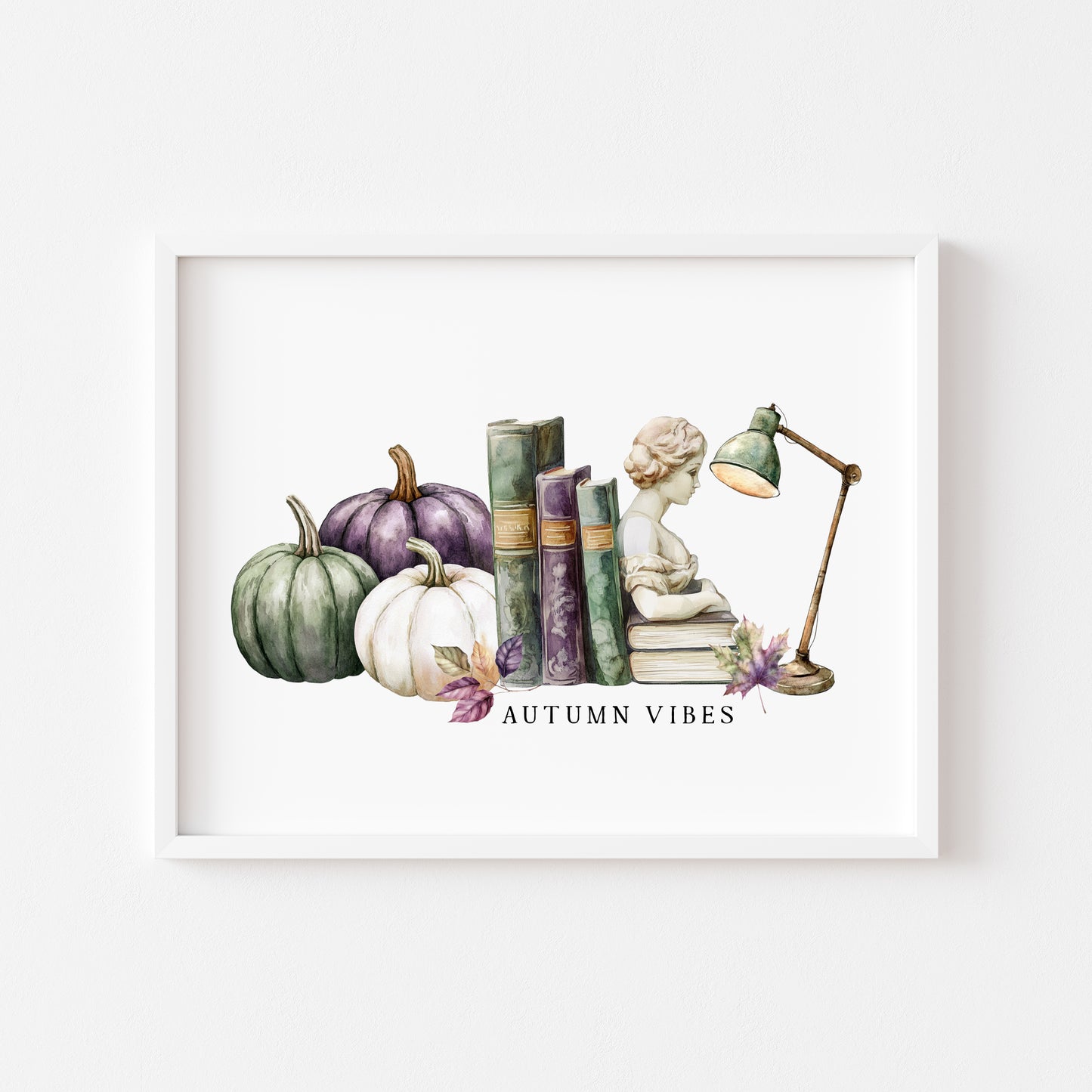 Autumn Vibes, fall leaves books green purple pumpkin cosy Autumn landscape unframed wall art poster print, autumn home decor autumn decor
