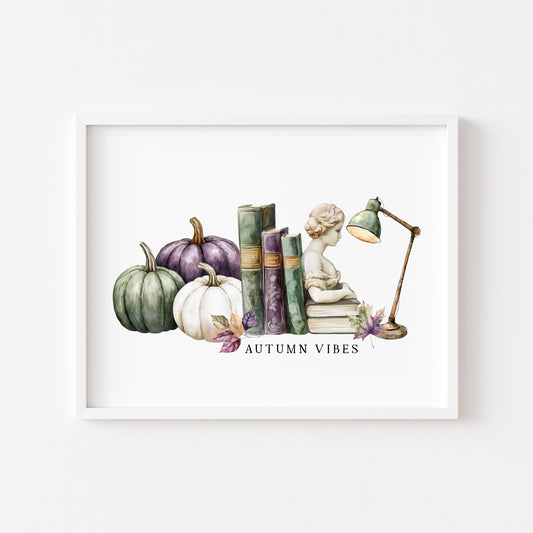 Autumn Vibes, fall leaves books green purple pumpkin cosy Autumn landscape unframed wall art poster print, autumn home decor autumn decor