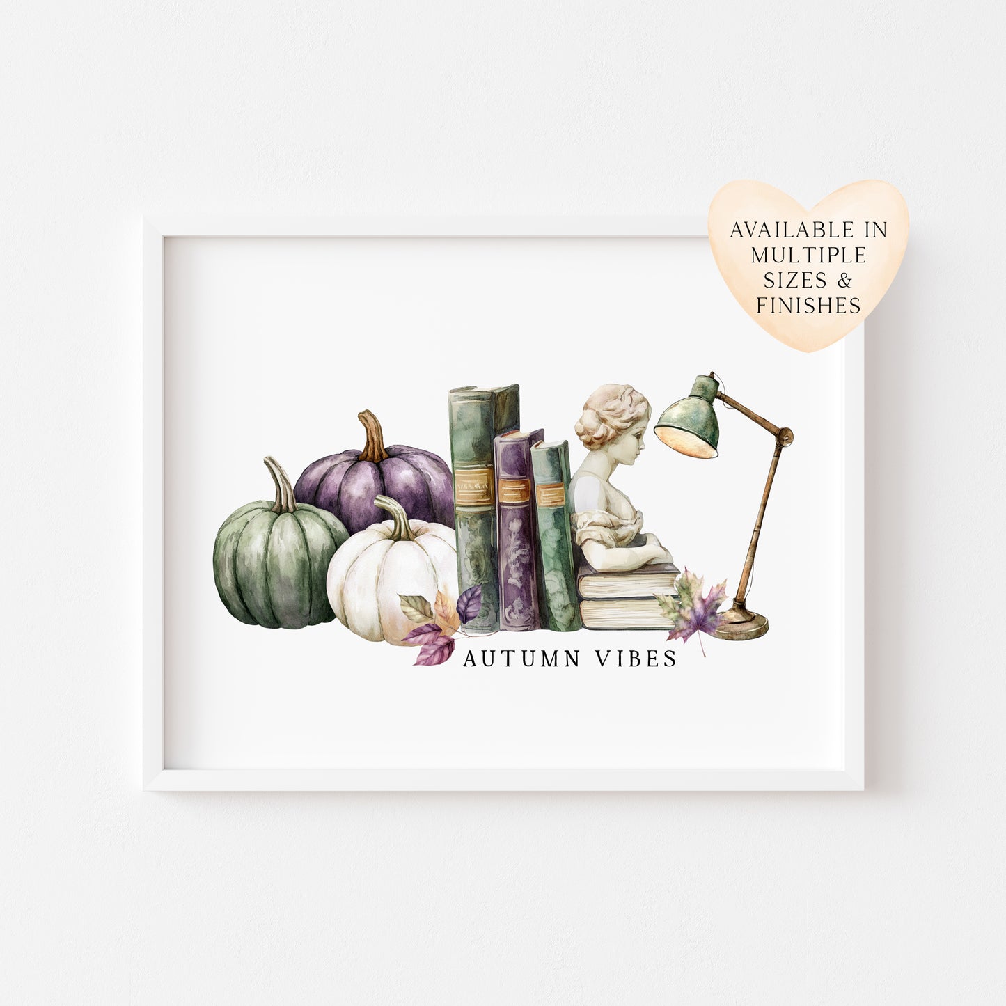 Autumn Vibes, fall leaves books green purple pumpkin cosy Autumn landscape unframed wall art poster print, autumn home decor autumn decor