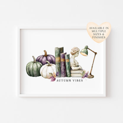 Autumn Vibes, fall leaves books green purple pumpkin cosy Autumn landscape unframed wall art poster print, autumn home decor autumn decor