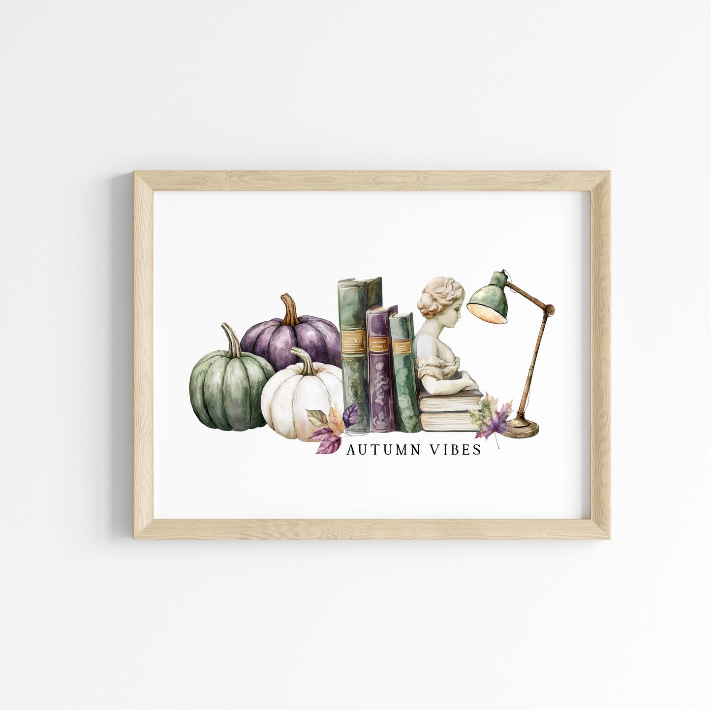 Autumn Vibes, fall leaves books green purple pumpkin cosy Autumn landscape unframed wall art poster print, autumn home decor autumn decor