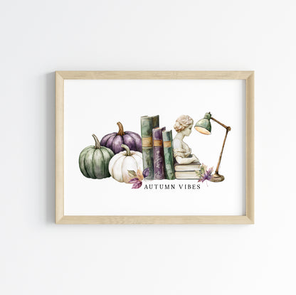 Autumn Vibes, fall leaves books green purple pumpkin cosy Autumn landscape unframed wall art poster print, autumn home decor autumn decor