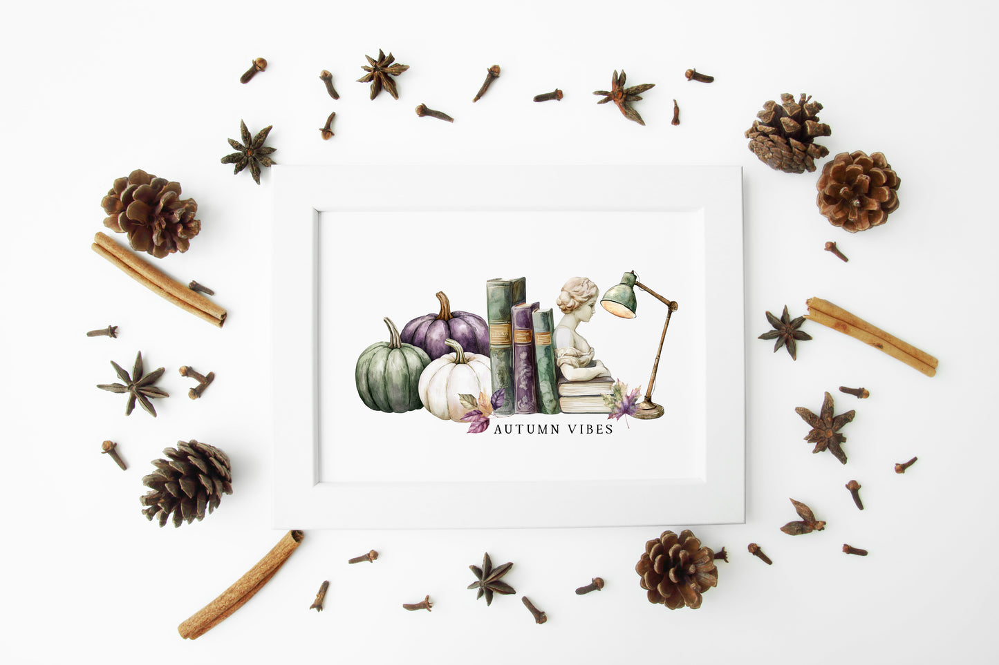 Autumn Vibes, fall leaves books green purple pumpkin cosy Autumn landscape unframed wall art poster print, autumn home decor autumn decor