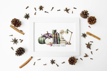 Autumn Vibes, fall leaves books green purple pumpkin cosy Autumn landscape unframed wall art poster print, autumn home decor autumn decor