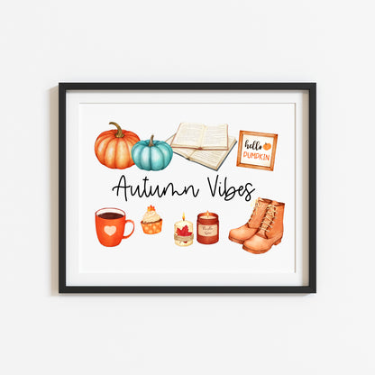 Autumn vibes, autumn favourites, blue orange accessories landscape unframed wall art poster print