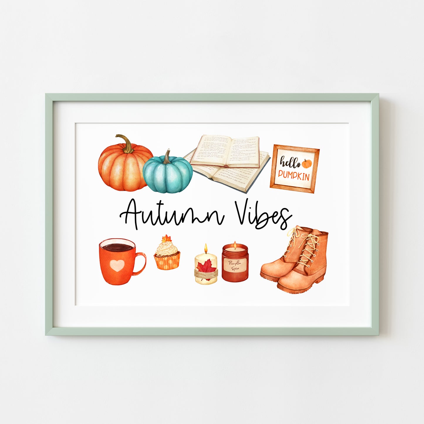 Autumn vibes, autumn favourites, blue orange accessories landscape unframed wall art poster print