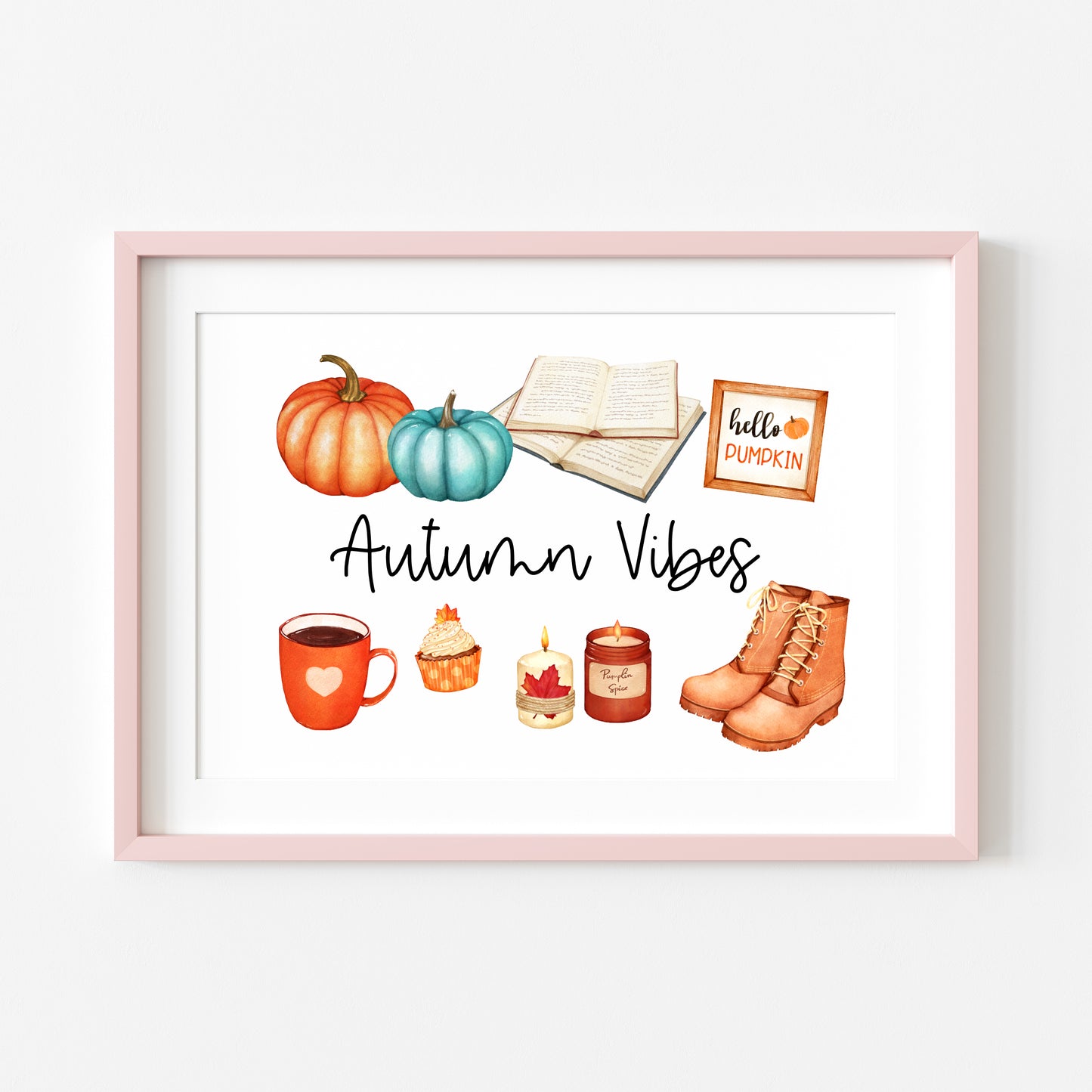 Autumn vibes, autumn favourites, blue orange accessories landscape unframed wall art poster print