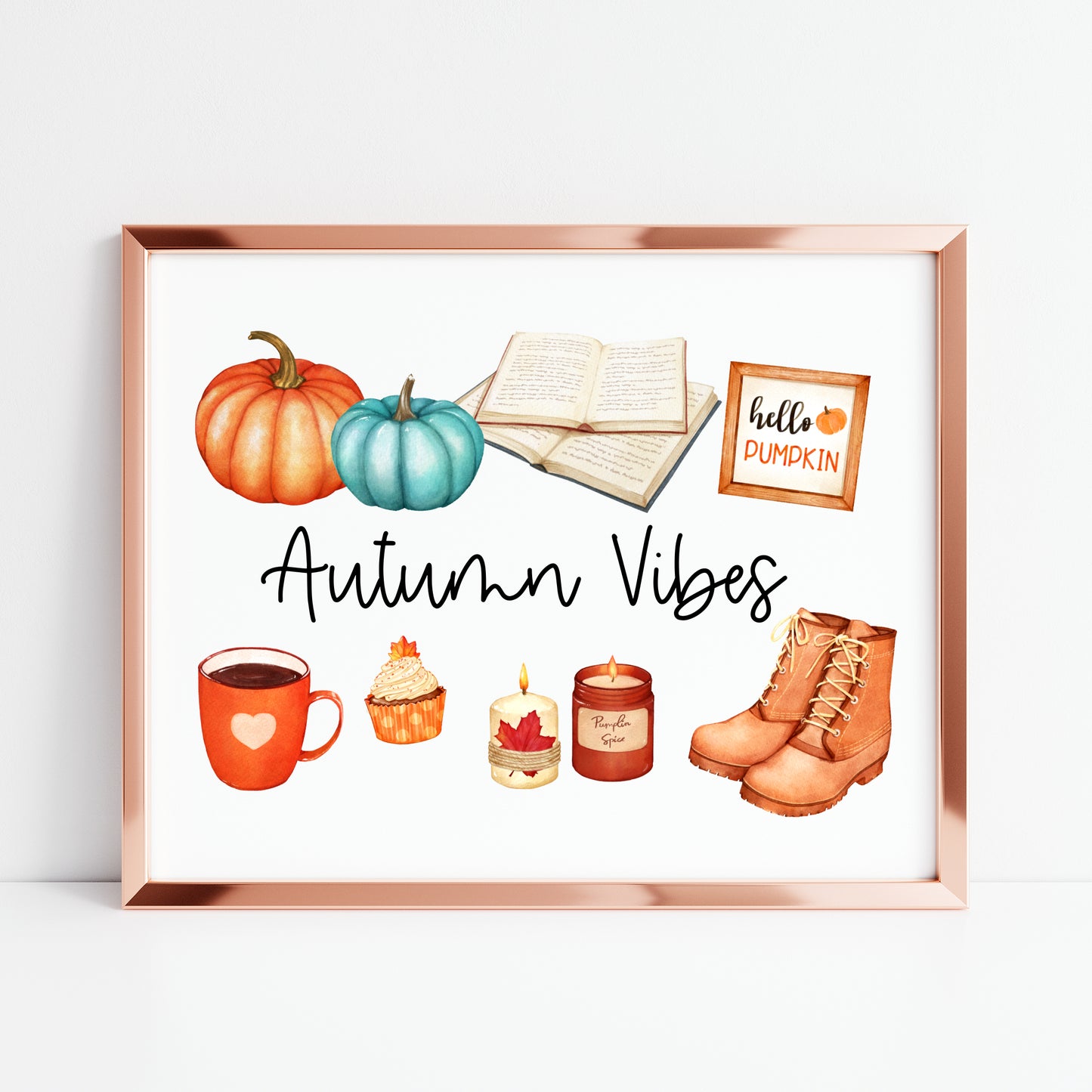 Autumn vibes, autumn favourites, blue orange accessories landscape unframed wall art poster print