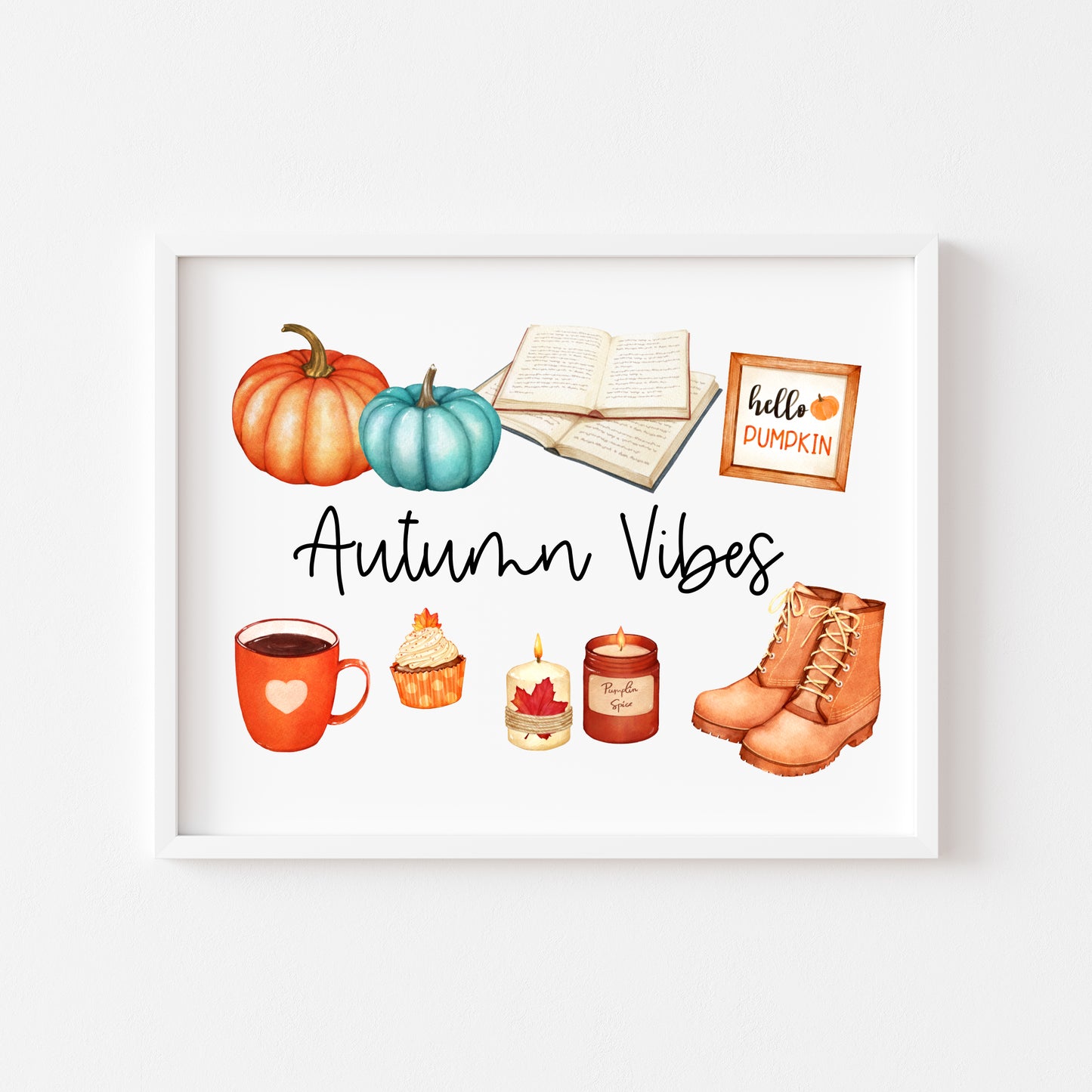 Autumn vibes, autumn favourites, blue orange accessories landscape unframed wall art poster print