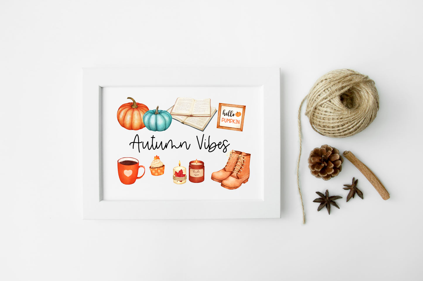 Autumn vibes, autumn favourites, blue orange accessories landscape unframed wall art poster print